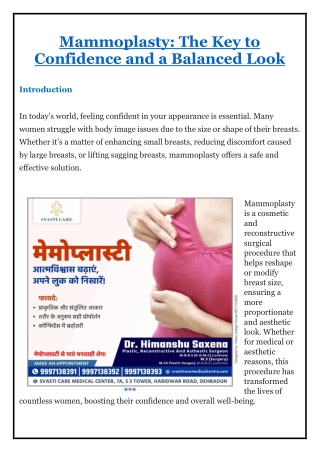 Mammoplasty - Svasti Care Medical Centre