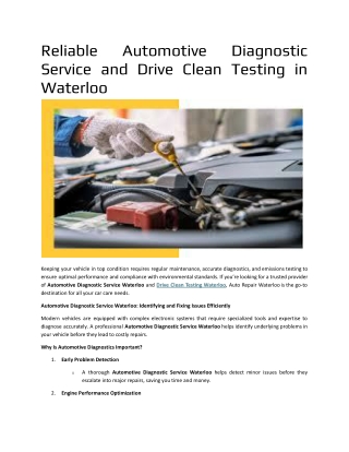 Reliable Automotive Diagnostic Service and Drive Clean Testing in Waterloo