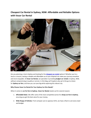 Cheapest Car Rental in Sydney, NSW: Affordable and Reliable Options with Vezar C