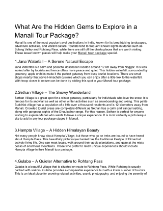 What Are the Hidden Gems to Explore in a Manali Tour Package