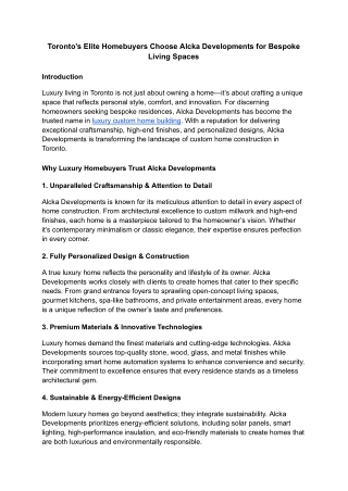 Toronto’s Elite Homebuyers Choose Alcka Developments for Bespoke Living Spaces