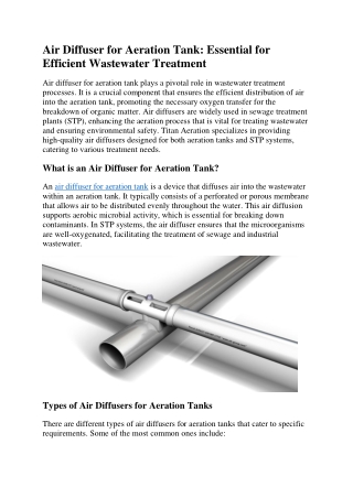 Air Diffuser for Aeration Tank - Essential for Efficient Wastewater Treatment