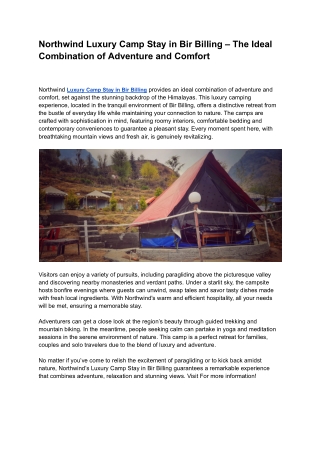 Northwind Luxury Camp Stay in Bir Billing – The Ideal Combination of Adventure and Comfort