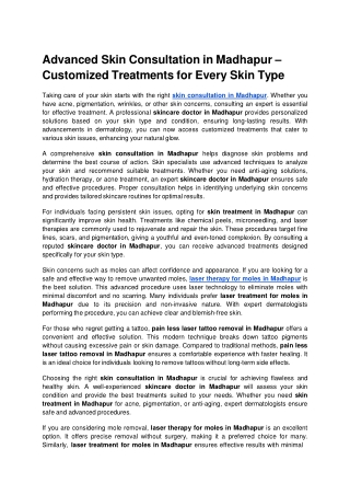 Advanced Skin Consultation in Madhapur – Customized Treatments for Every Skin Type