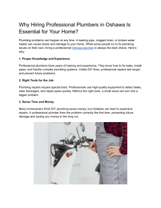 Why Hiring Professional Plumbers in Oshawa Is Essential for Your Home