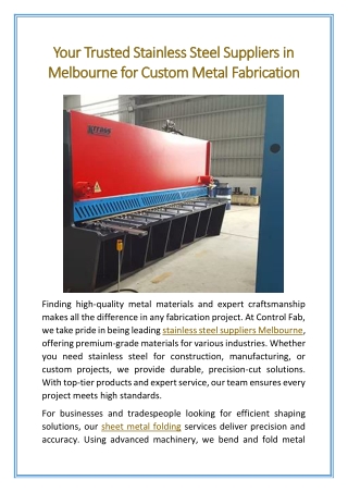Your Trusted Stainless Steel Suppliers in Melbourne for Custom Metal Fabrication