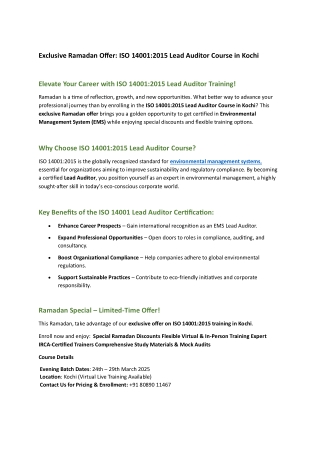 Exclusive Ramadan offer on ISO 140012015 Lead Auditor Course in Kochi