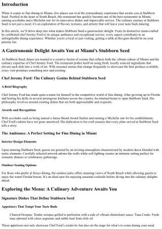 A Gastronomic Delight Awaits You at Miami's Stubborn Seed
