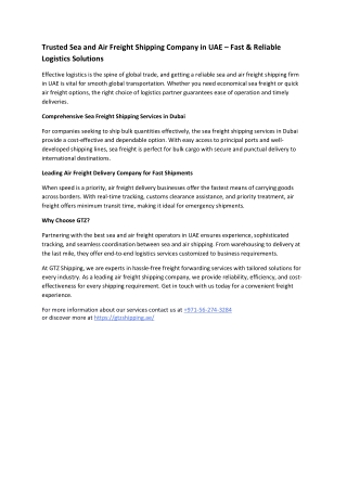 Trusted Sea and Air Freight Shipping Company in UAE