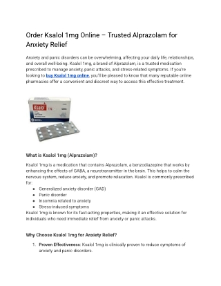 Order Ksalol 1mg Online – Trusted Alprazolam for Anxiety Relief