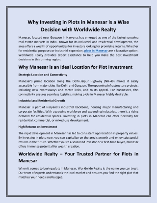 Why Investing in Plots in Manesar is a Wise Decision with Worldwide Realty
