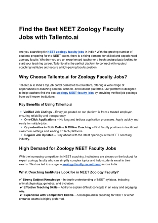 Find the Best NEET Zoology Faculty Jobs with Tallento.ai