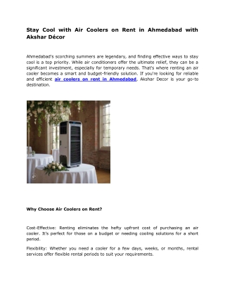 Stay Cool with Air Coolers on Rent in Ahmedabad with Akshar Décor