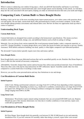 Comparing Costs: Custom Built vs Store Bought Decks