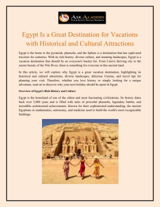 Egypt Is a Great Destination for Vacations with Historical and Cultural Attractions