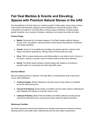 Fair Deal Marbles & Granite and Elevating Spaces with Premium Natural Stones in the UAE