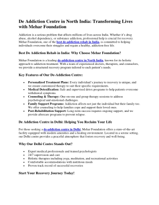 De Addiction Centre in North India Transforming Lives with Mehar Foundation
