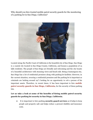 Why should you hire trusted mobile patrol security guards for the monitoring of a parking lot in San Diego, California