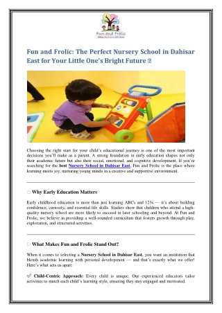 The Perfect Nursery School in Dahisar East for Your Little One's Bright Future