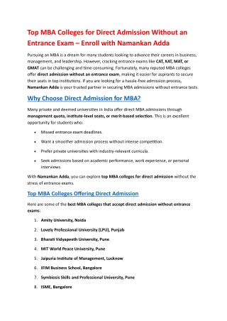 Top MBA Colleges for Direct Admission in India