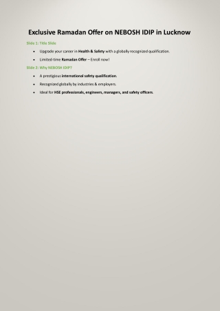 Exclusive Ramadan Offer on NEBOSH IDIP in Lucknow ppt