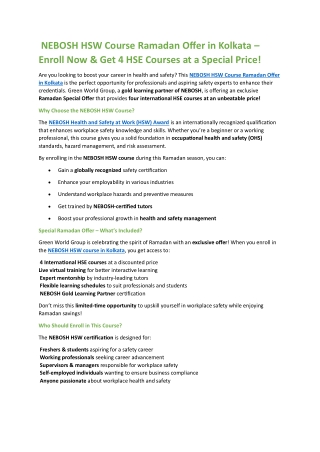 NEBOSH HSW Course Ramadan Offer in Kolkata pdf