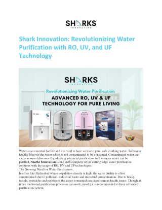 Shark Innovation Revolutionizing Water Purification with RO, UV, and UF Technology