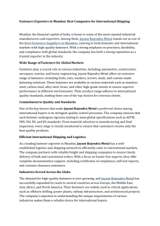 Fasteners Exporters in Mumbai Best Companies for International Shipping