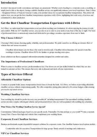 Get the Best Chauffeur Transportation Experience with I-Drive