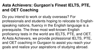 Top-Rated IELTS, PTE, and OET Coaching in Gurgaon – Achieve Success with Asta Ac