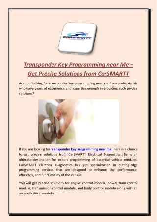 Transponder Key Programming near Me – Get Precise Solutions from CarSMARTT