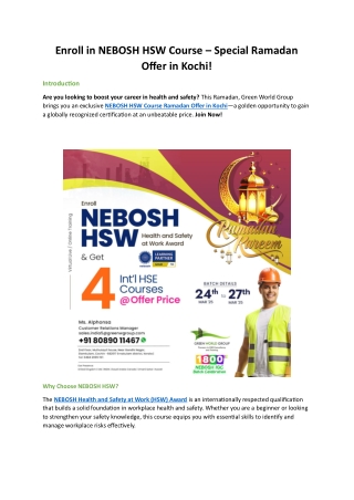 NEBOSH HSW Course Ramadan Offer in kochi PDF