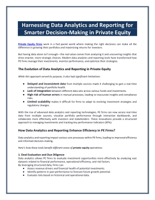 Harnessing Data Analytics and Reporting for Smarter Decision-Making in Private Equity