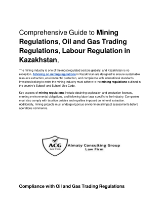 Comprehensive Guide to Mining Regulations, Oil and Gas Trading Regulations, Labour Regulation in Kazakhstan,
