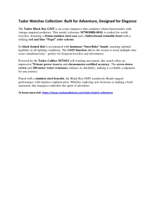 Tudor Watches Collection Built for Adventure, Designed for Elegance