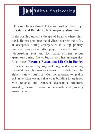 Fireman Evacuation Lift Co in Bandra Ensuring Safety and Reliability in Emergency Situations