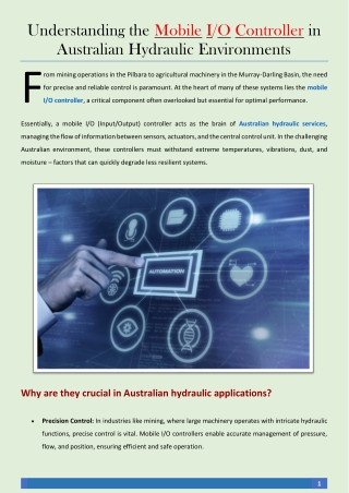Understanding the Mobile IO Controller in Australian Hydraulic Environments