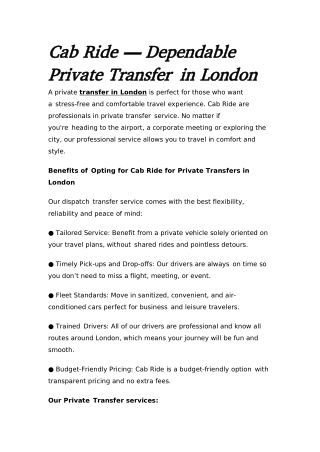Cab Ride — Dependable Private Transfer in London