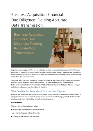 Business Acquisition Financial Due Diligence: Fielding Accurate Data Transmissio