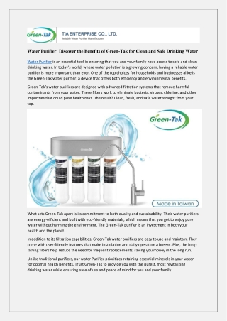 Water Purifier: Discover the Benefits of Green-Tak for Clean and Safe Drinking W