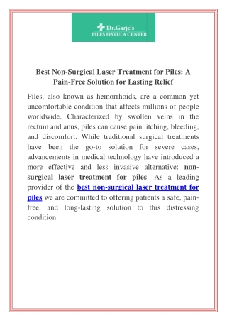 Best Non-Surgical Laser Treatment for Piles A Pain-Free Solution for Lasting Relief
