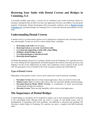 Restoring Your Smile with Dental Crowns and Bridges in Cumming, GA