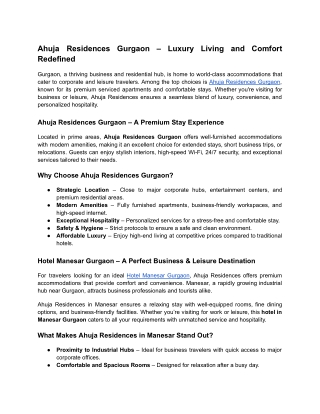 Ahuja Residences Gurgaon – Luxury Living and Comfort Redefined