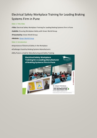 Electrical Safety Workplace Training for Leading Braking Systems Firm in Pune ppt