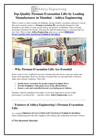 Top-Quality Fireman Evacuation Lifts by Leading Manufacturer in Mumbai – Aditya