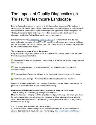 The Impact of Quality Diagnostics on Thrissur’s Healthcare Landscape