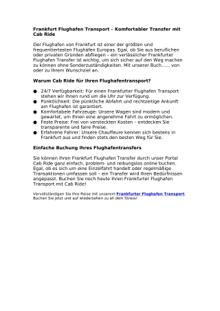 Frankfurt Flughafen Transport , Komfortabler Transfer mit Cab Ride
