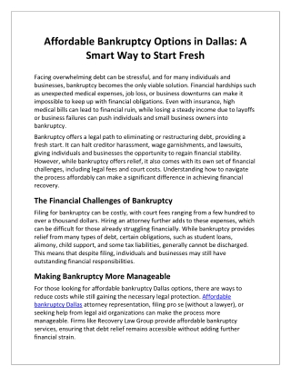 Affordable Bankruptcy Options in Dallas: A Smart Way to Start Fresh