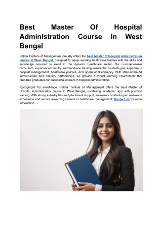 Best Master Of Hospital Administration Course In West Bengal