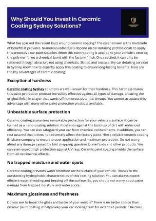 Why Should You Invest in Ceramic Coating Sydney Solutions